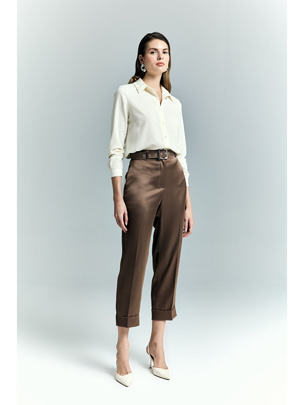 Kahverengi Lisa Saten Duble Paça Pantolon - Kahve-1