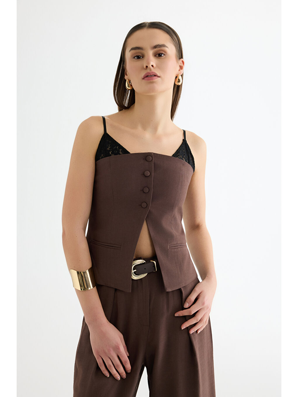 Dantel Askı Garnili Bustiyer Bluz Kahverengi-2