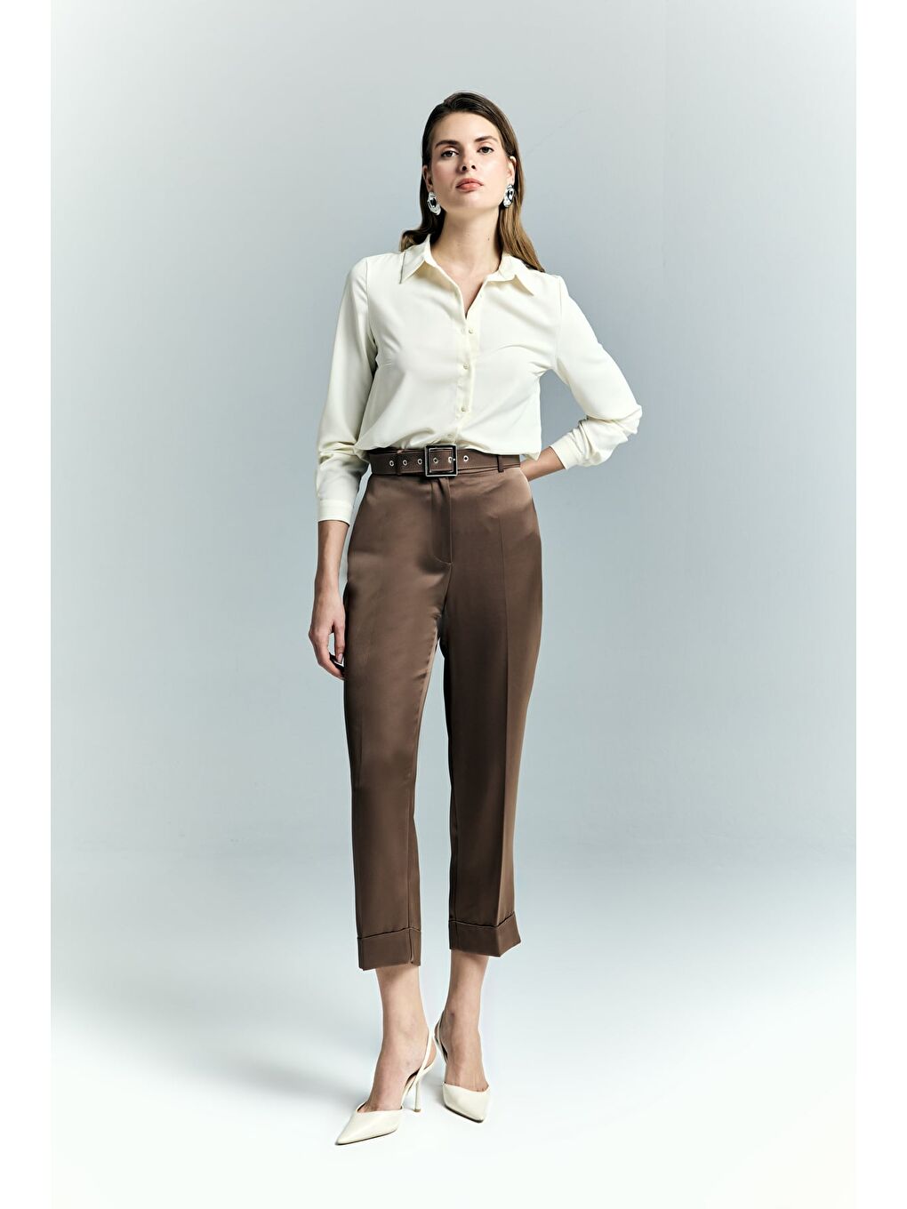 Kahverengi Lisa Saten Duble Paça Pantolon - Kahve-2