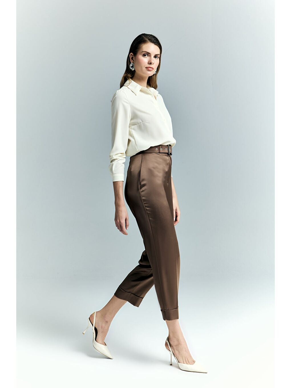 Kahverengi Lisa Saten Duble Paça Pantolon - Kahve-3