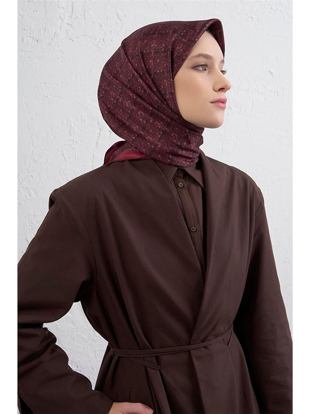 Bordo Soyut Desenli Saf İpek Twill Eşarp 9405D 80