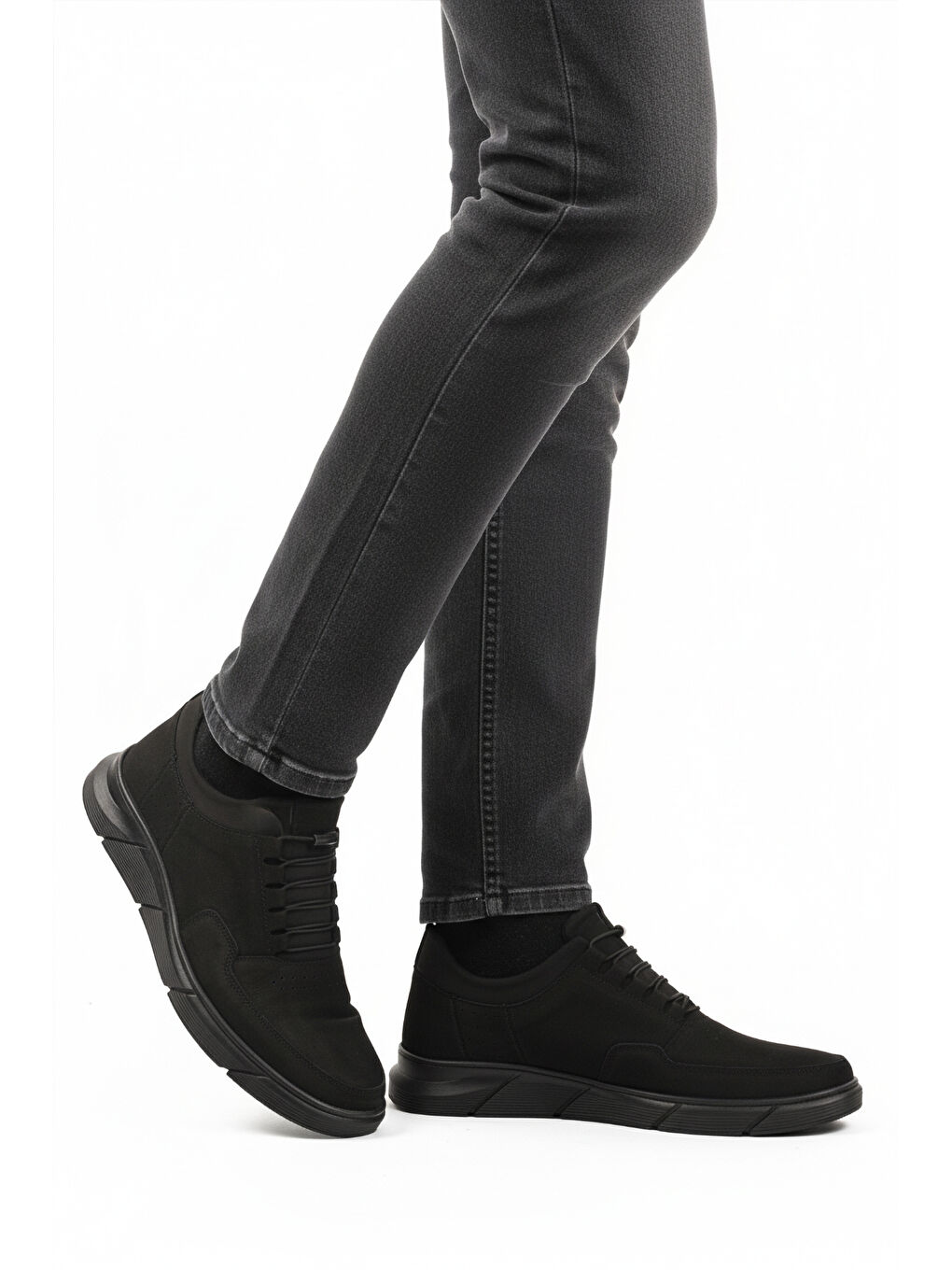 Siyah Nubuk Hakiki Deri Lastik Bağcıklı Erkek Casual Ayakkabı 137 M-2