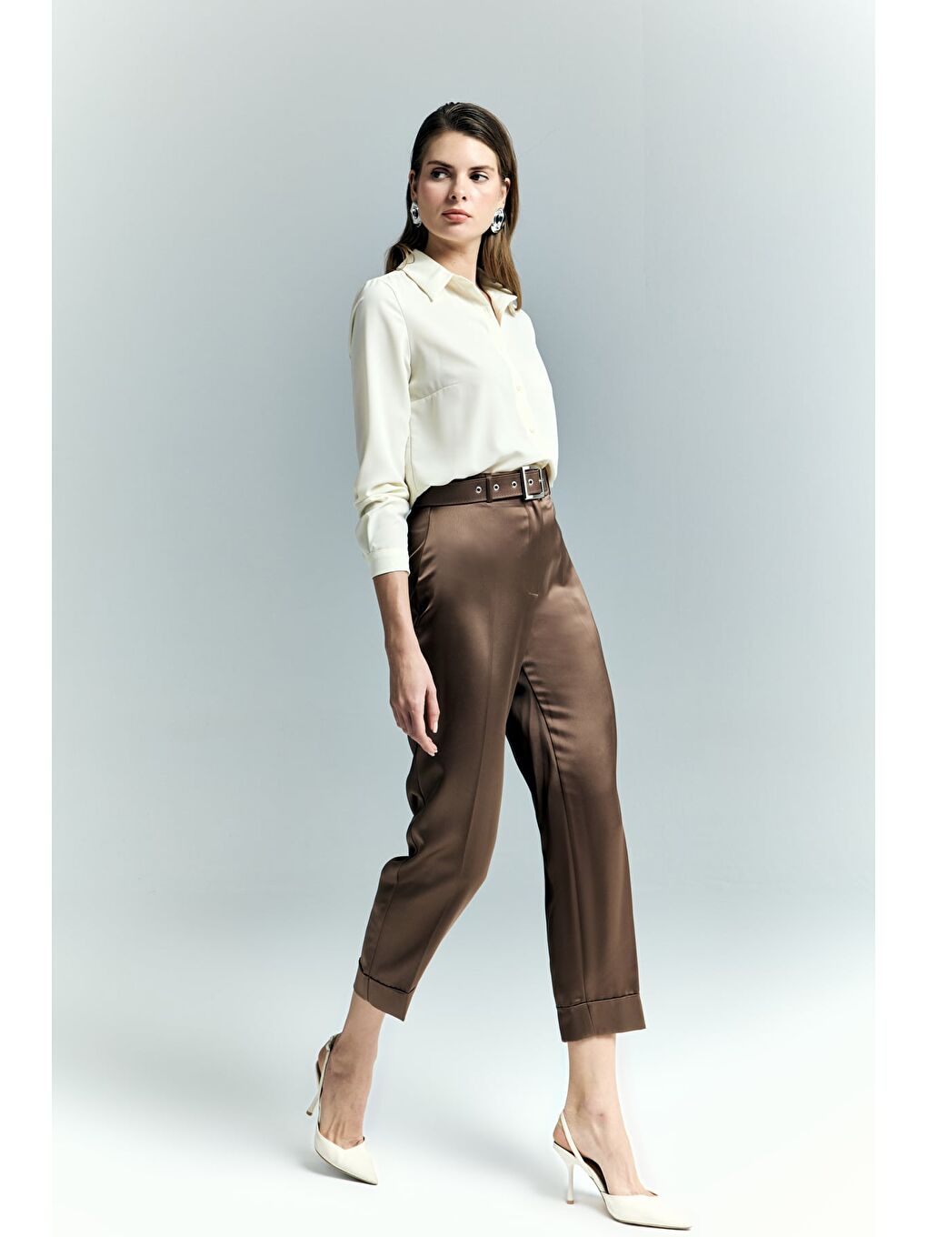 Kahverengi Lisa Saten Duble Paça Pantolon - Kahve-4