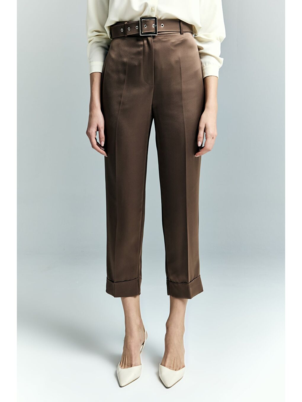 Kahverengi Lisa Saten Duble Paça Pantolon - Kahve-5