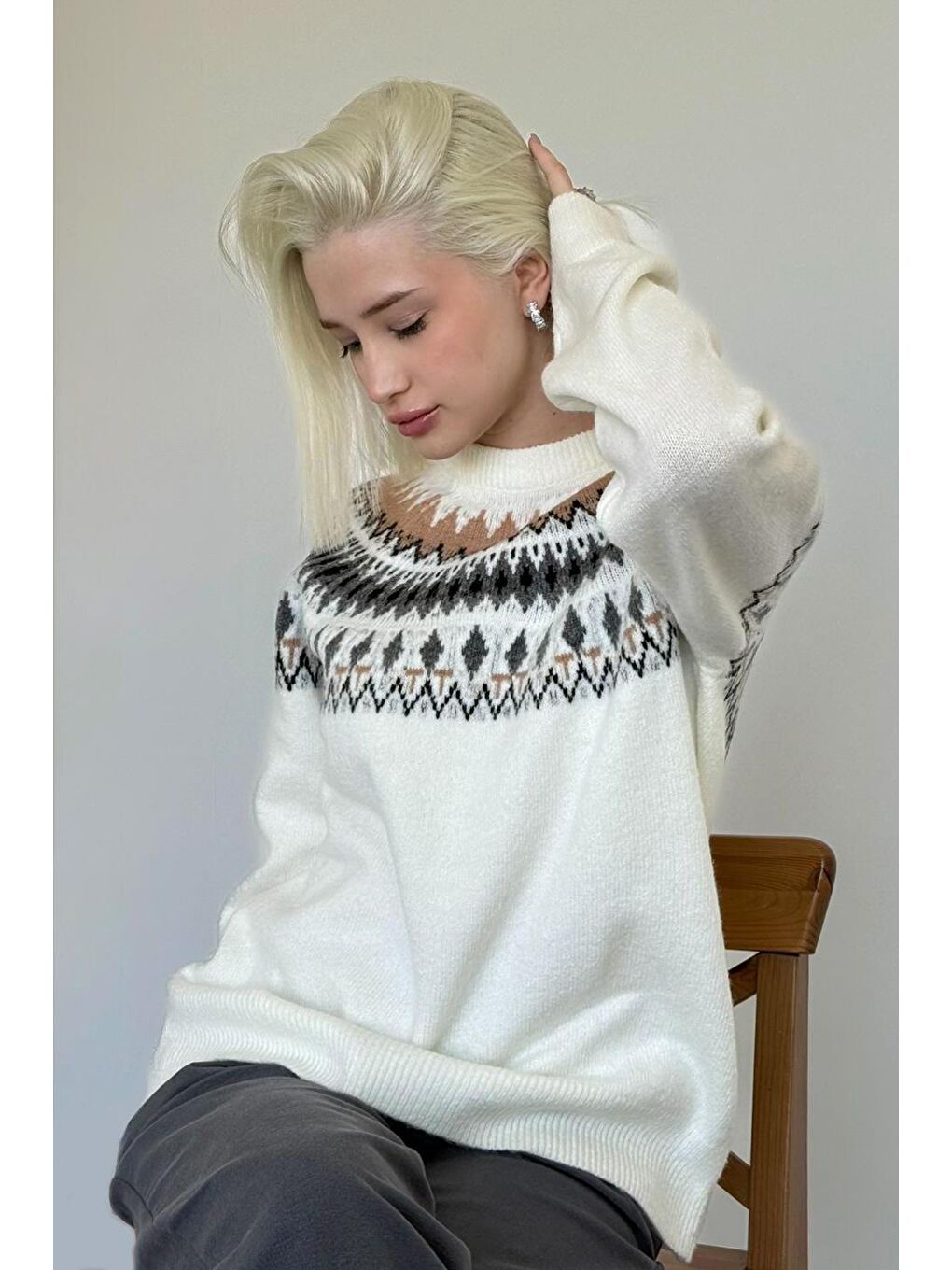 Beyaz Kemik Rengi Bisiklet Yaka Desenli Kadın Triko Kazak Mg2502-8