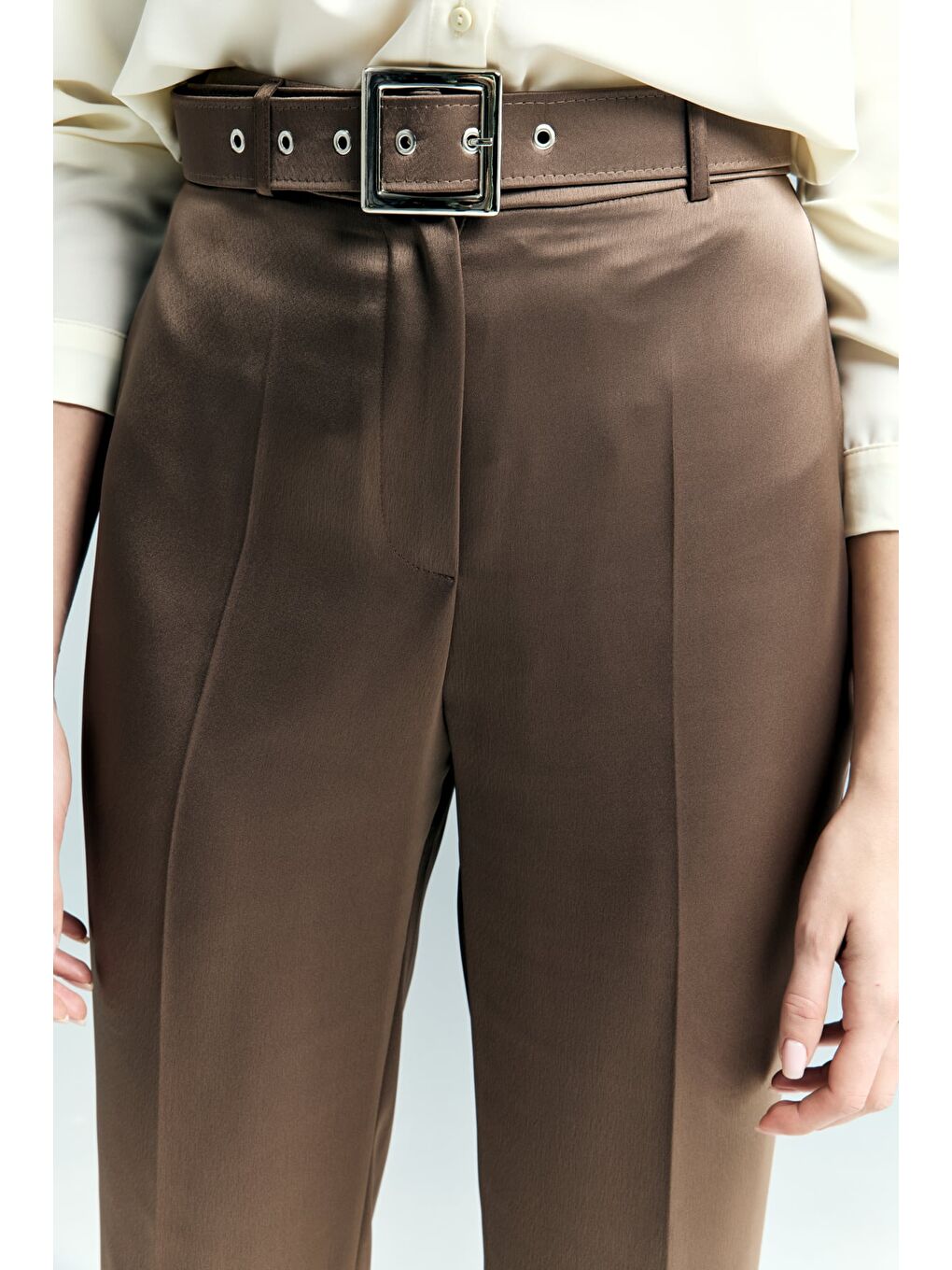 Kahverengi Lisa Saten Duble Paça Pantolon - Kahve-6