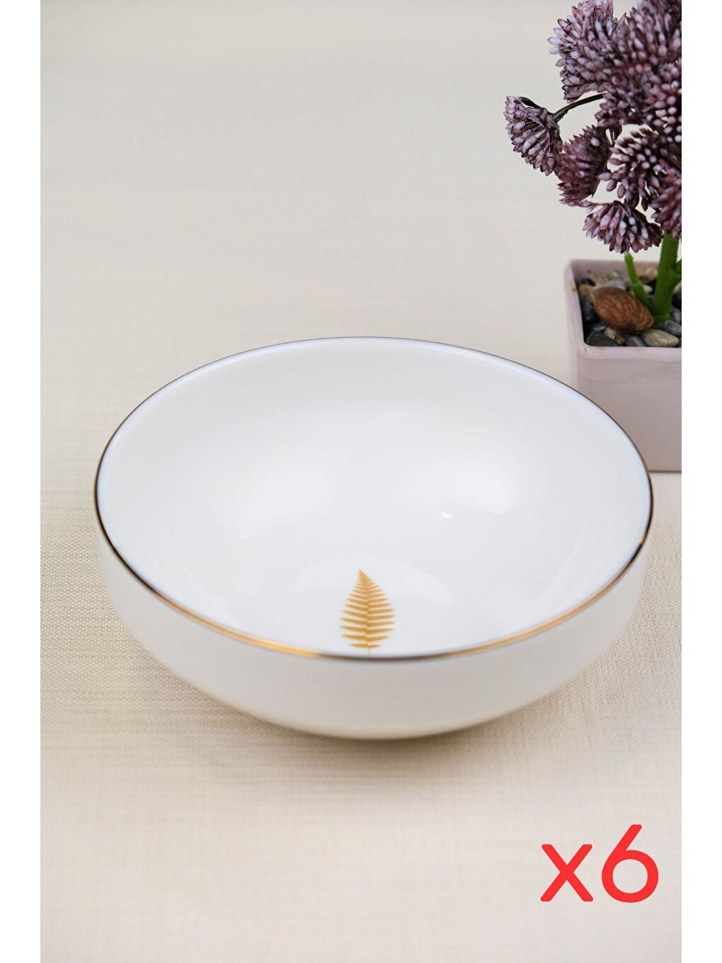 Karışık Porselen Natura Fern Altın Yaldız Kase 13,50cm 6 lı