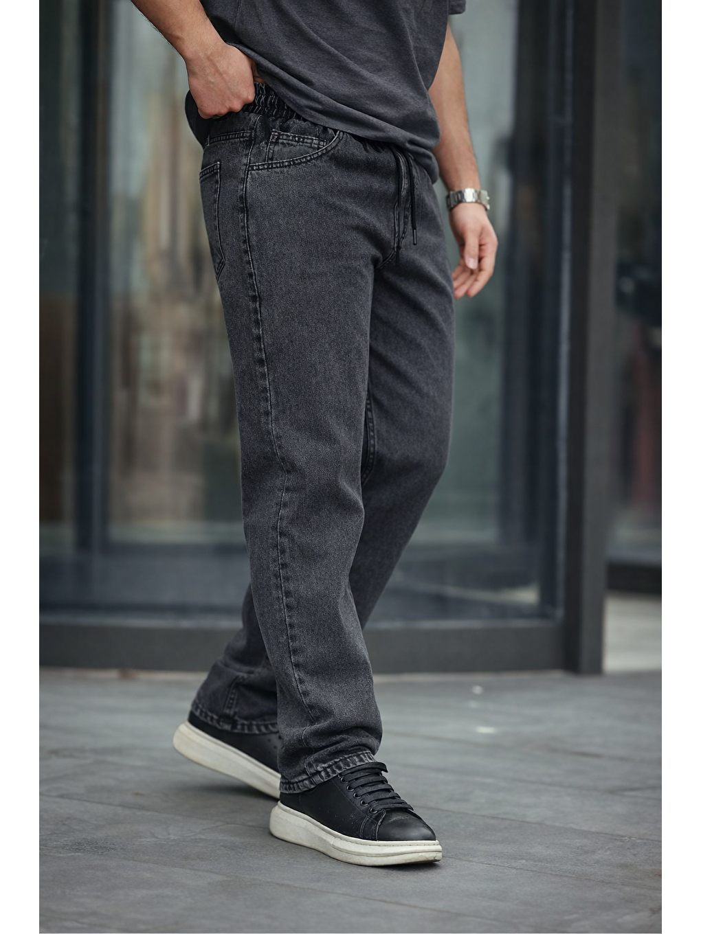 Gri Erkek Baggy Rahat Kalıp Bel Lastikli Pantolon-4