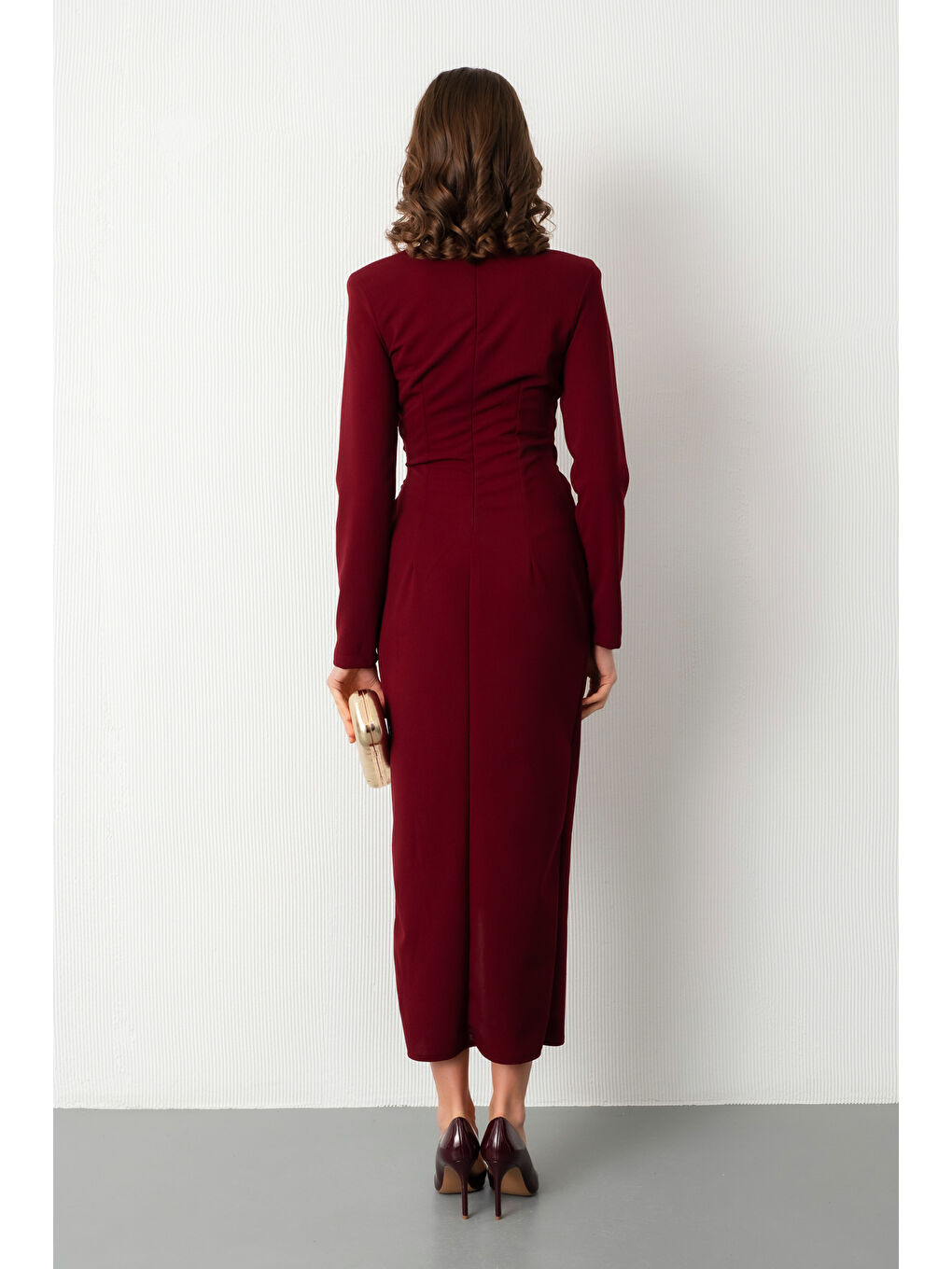 Kadın Bordo Aksesuar Detay Midi Davet Elbisesi-5