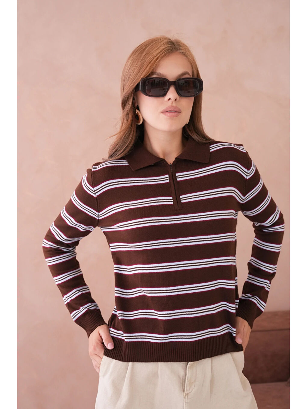 Kahverengi Kadın Polo Yaka Çizgi Detay Oversize Triko Kazak-1