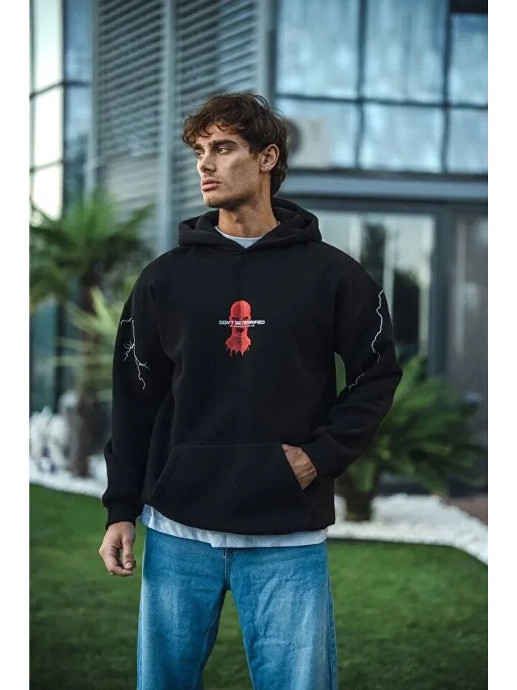Üç İplik Kapüşonlu Baskılı Oversize Sweatshirt- Siyah-2