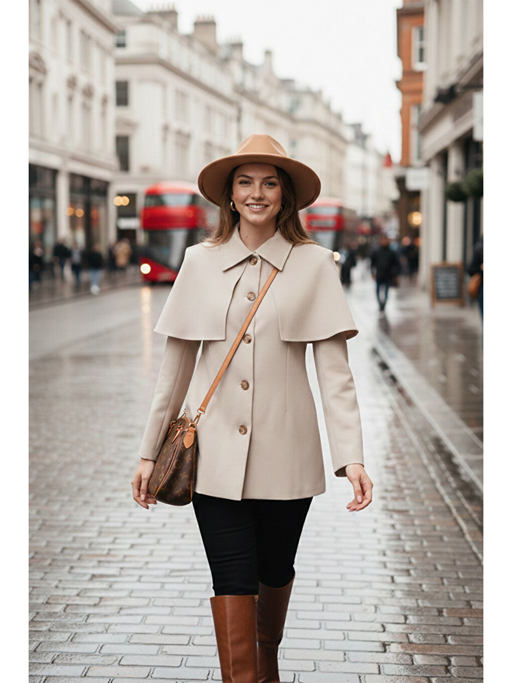 Bej Regular Fit Pelerin Detaylı Düğmeli Ceket 6927687-1