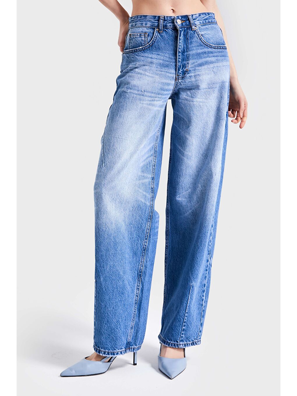 Kadın Mavi Jean Rengi 10S5-4 Kemer Tokalı Barrel Fit %100 Pamuk Denim-4