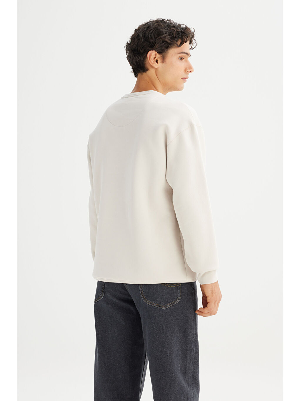 Bej Relaxed Fit Şardonlu Bisiklet Yaka Logo Detaylı Sweatshirt-4