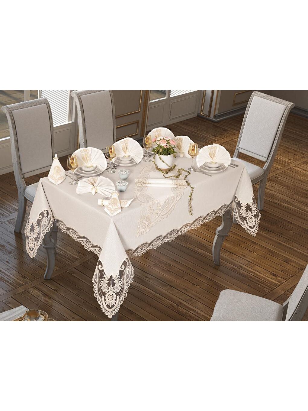Ekru İhtişam Masa Örtüsü 160x260 Cm 26 Parça Krem-2