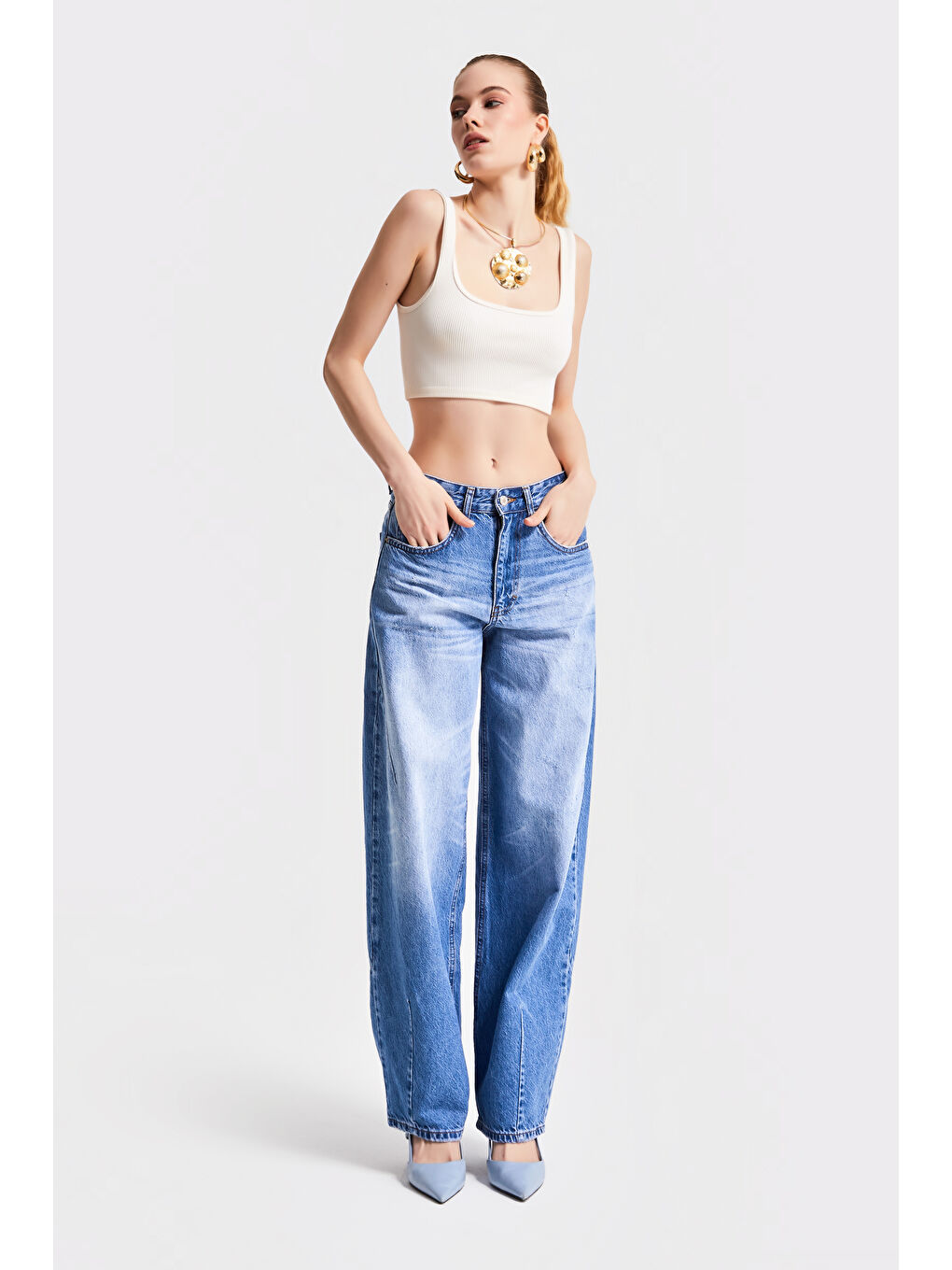 Kadın Mavi Jean Rengi 10S5-4 Kemer Tokalı Barrel Fit %100 Pamuk Denim-6