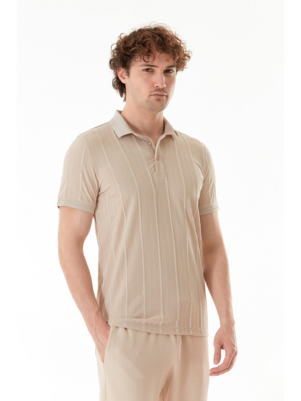 Bej Şeritli Polo Yaka Slim Fit Tişört
