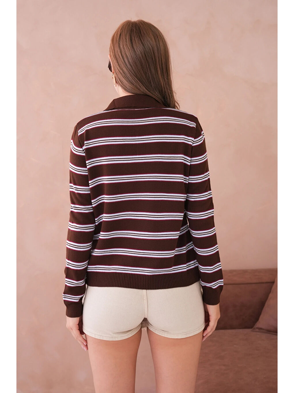 Kahverengi Kadın Polo Yaka Çizgi Detay Oversize Triko Kazak-2