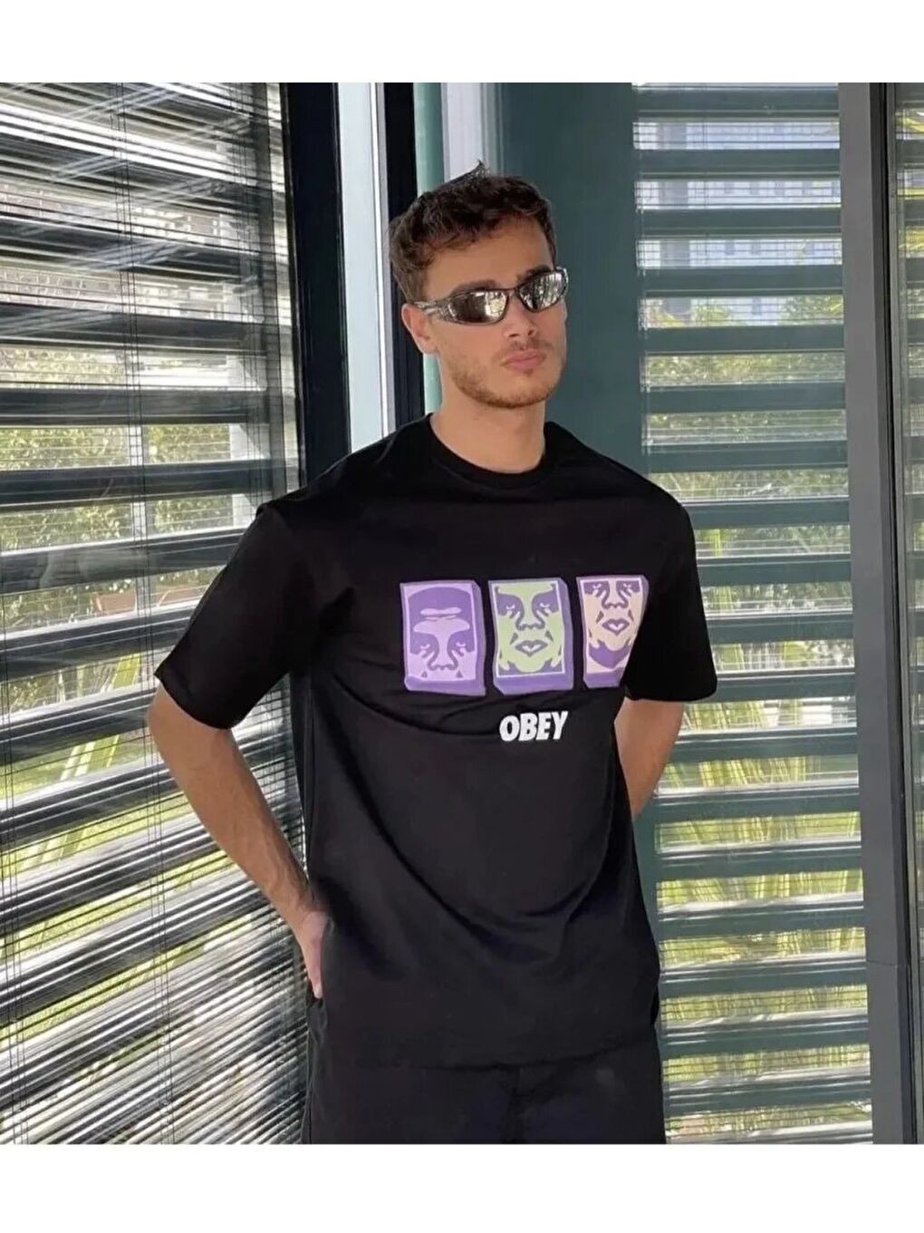 Unisex Bisiklet Yaka Baskılı Oversize T-Shirt - Siyah-1