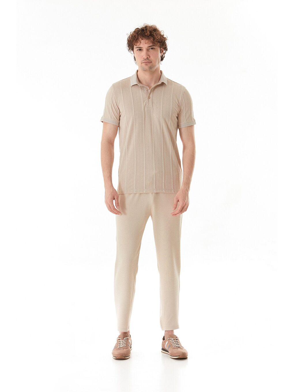 Bej Şeritli Polo Yaka Slim Fit Tişört-1