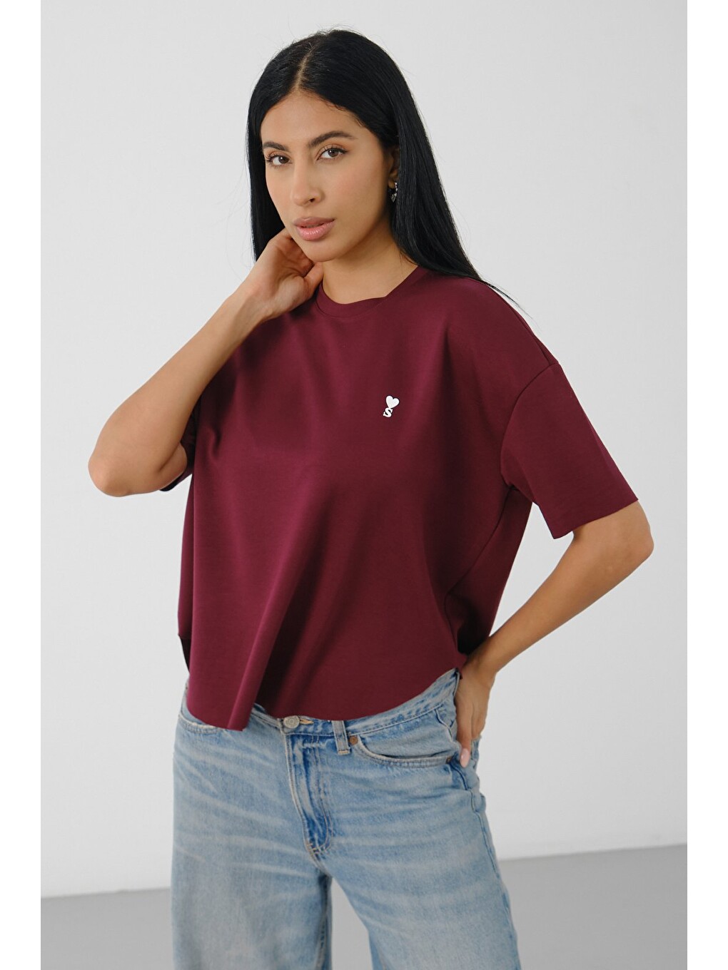 Bordo Kadın Oversize Boxy T-Shirt Bisiklet Yaka Rahat Kalıp Tişört-1