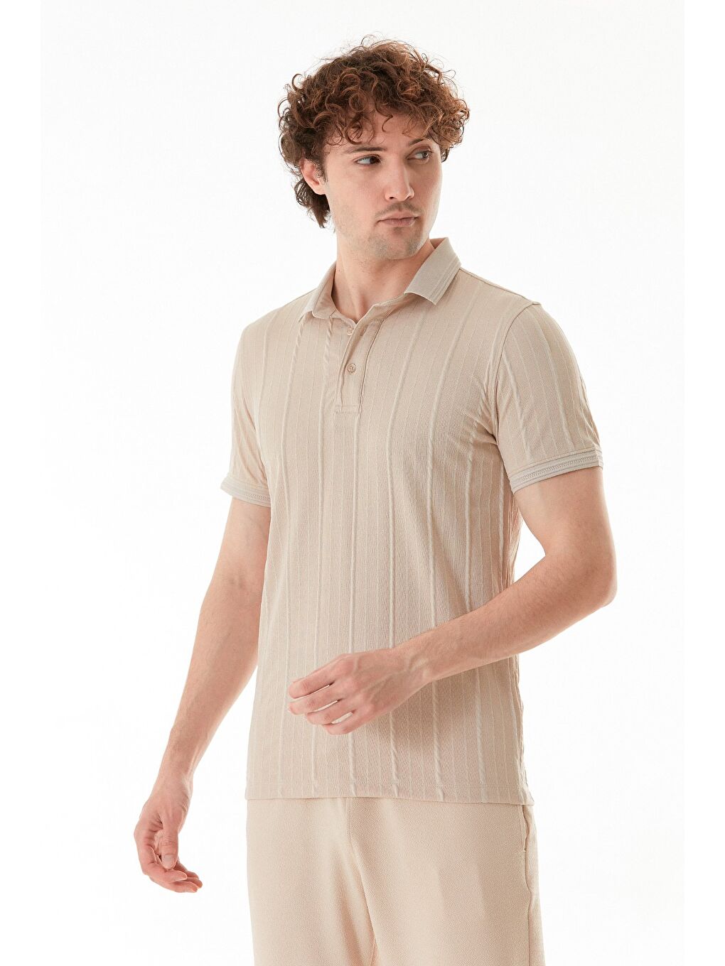 Bej Şeritli Polo Yaka Slim Fit Tişört-2