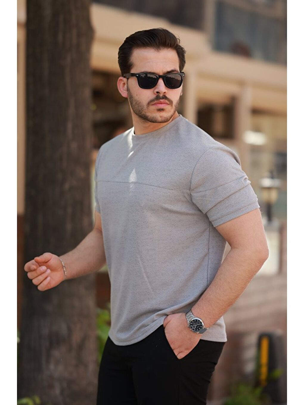 Gri Erkek Oversize Bisiklet Yaka Kısa Kollu T-shirt-1