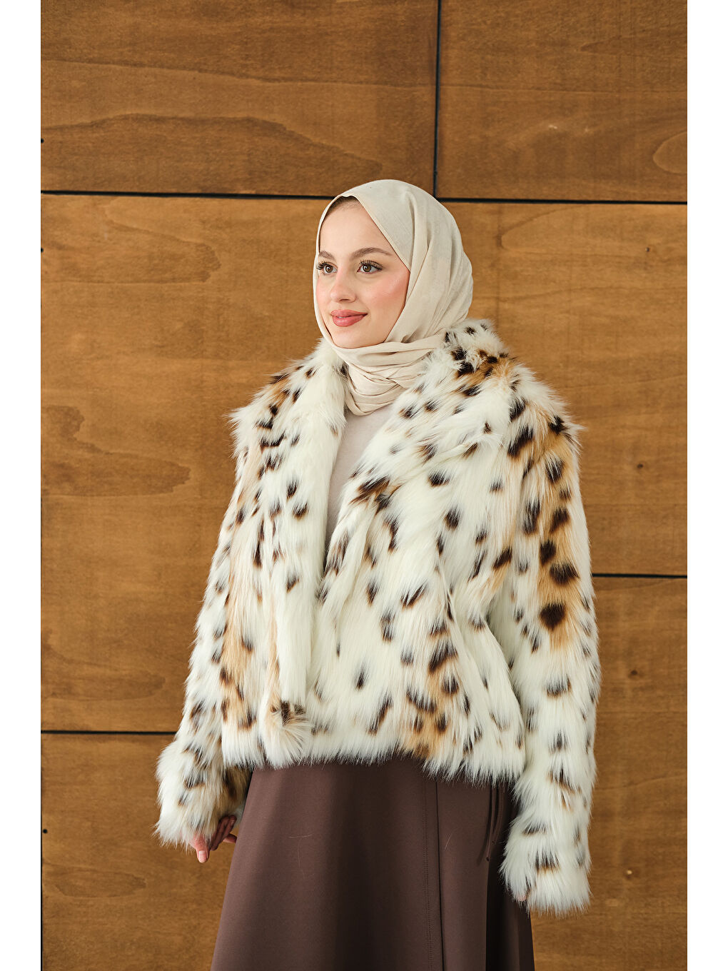 Kadın Leopar Desen Kısa Kürk Ekru-2