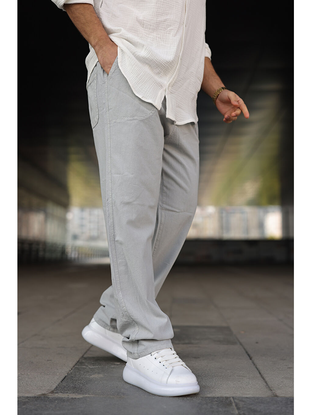 Erkek Trend Basic Bol Paça Gri Baggy Keten Pantolon-1
