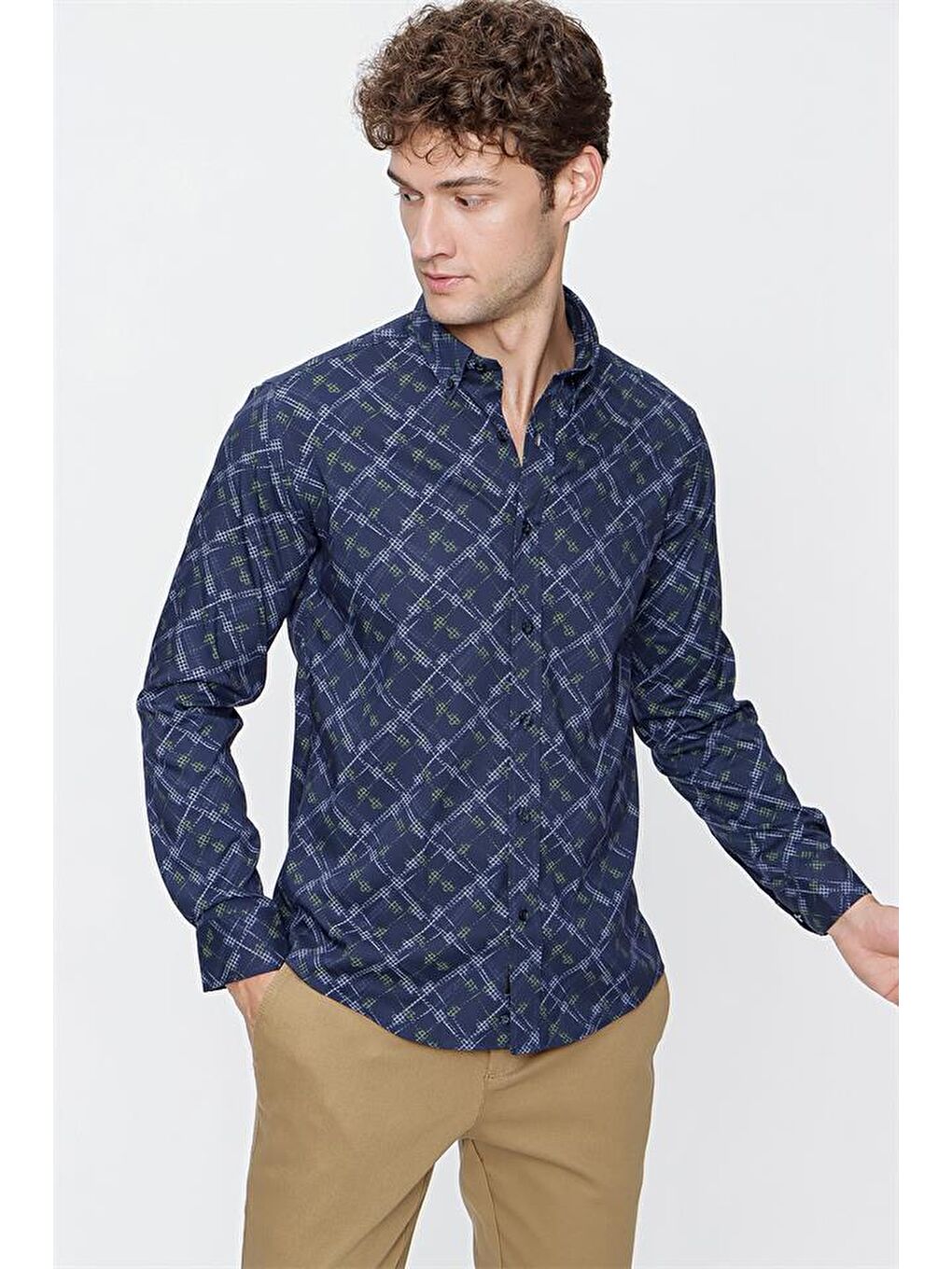 Lacivert Uzun Kol  Düğmeli Yaka  Slim Fit Dar Kesim Klasik Gömlek 1004220289-1