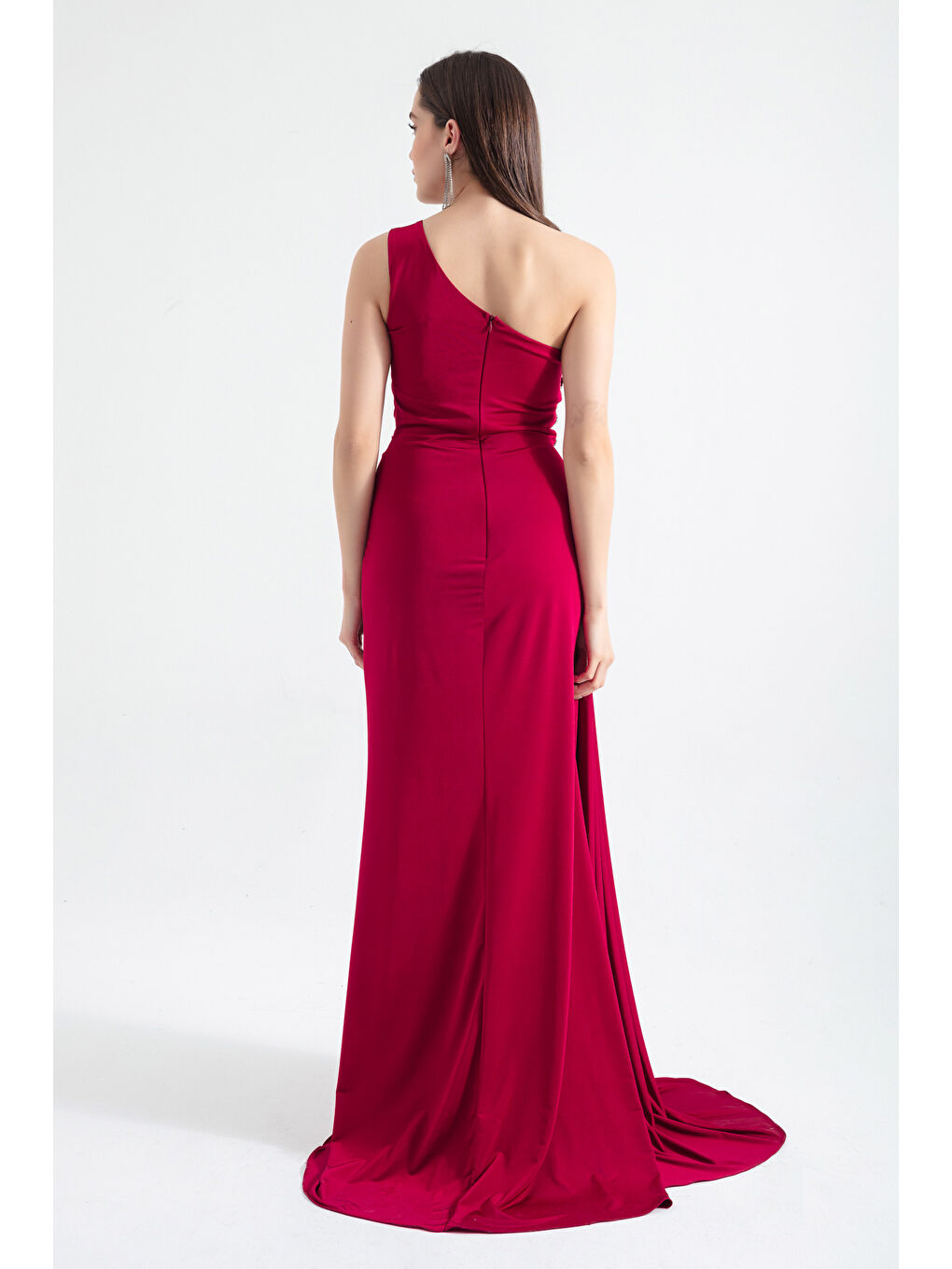 Kadın Bordo Tek Omuzlu Taşlı Uzun Abiye Elbise-4