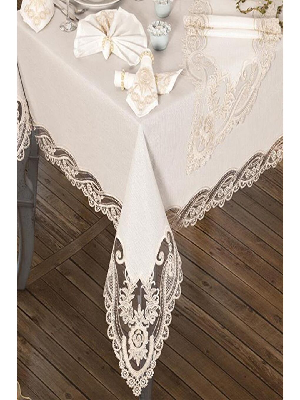 Ekru İhtişam Masa Örtüsü 160x260 Cm 26 Parça Krem-3