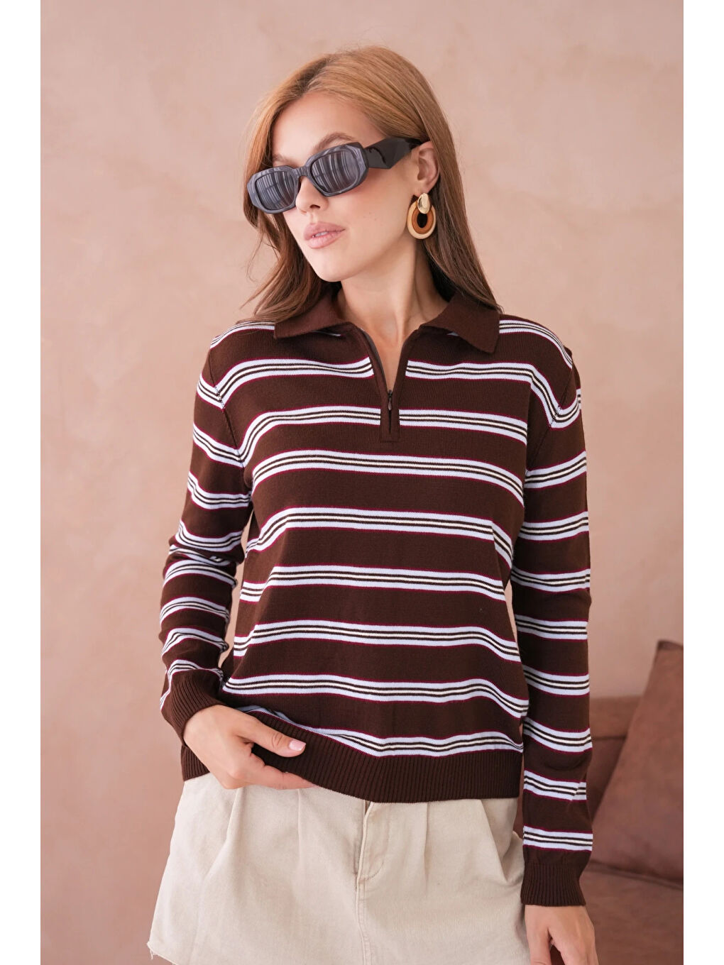 Kahverengi Kadın Polo Yaka Çizgi Detay Oversize Triko Kazak-3