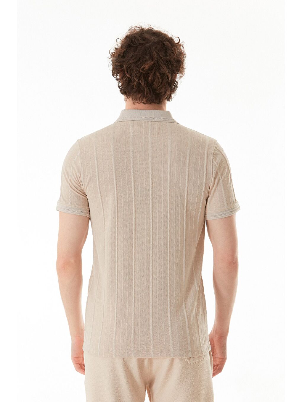 Bej Şeritli Polo Yaka Slim Fit Tişört-3