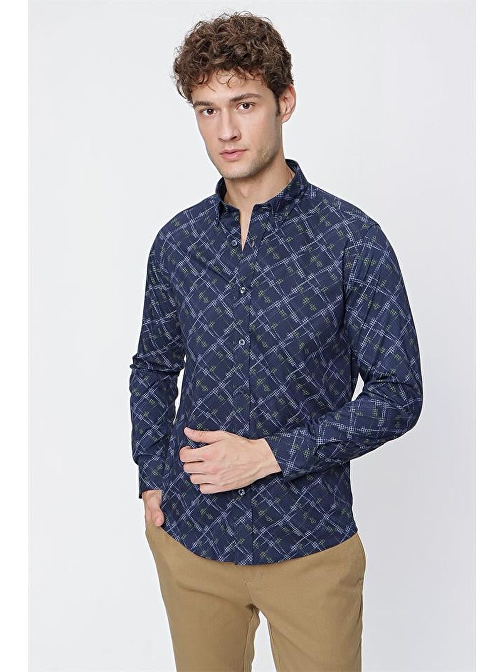 Lacivert Uzun Kol  Düğmeli Yaka  Slim Fit Dar Kesim Klasik Gömlek 1004220289-2