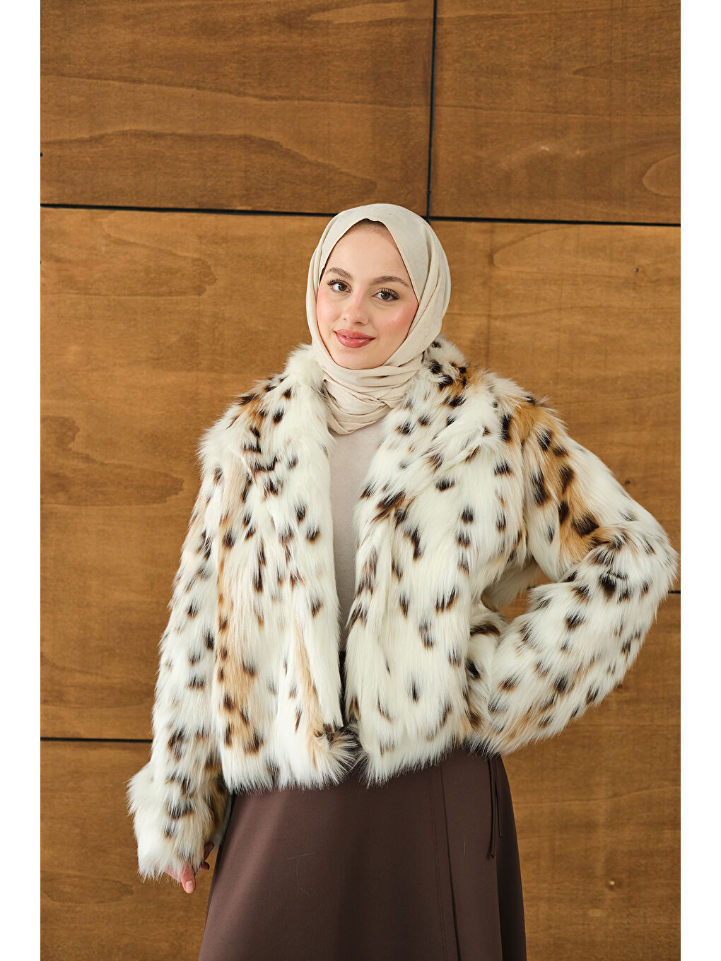 Kadın Leopar Desen Kısa Kürk Ekru-3