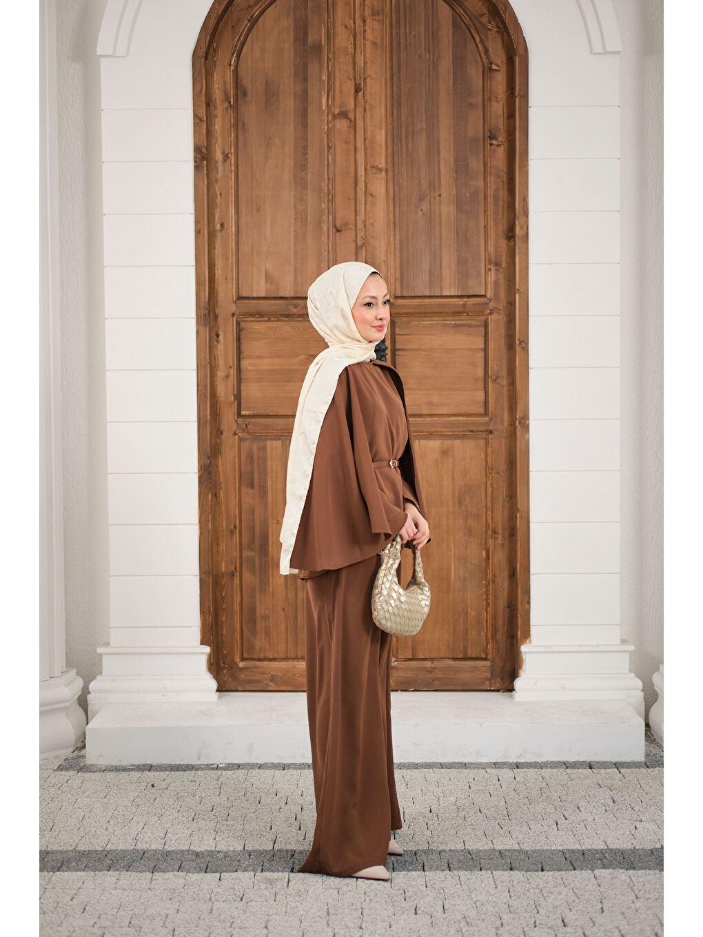 Kadın Pelerin Kol Arkası Fermuarlı Kemer Detay Takım Kahverengi-4