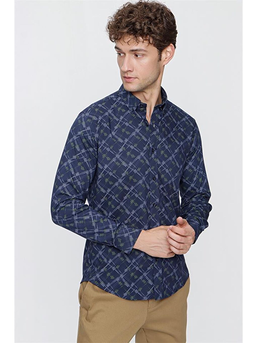 Lacivert Uzun Kol  Düğmeli Yaka  Slim Fit Dar Kesim Klasik Gömlek 1004220289-3