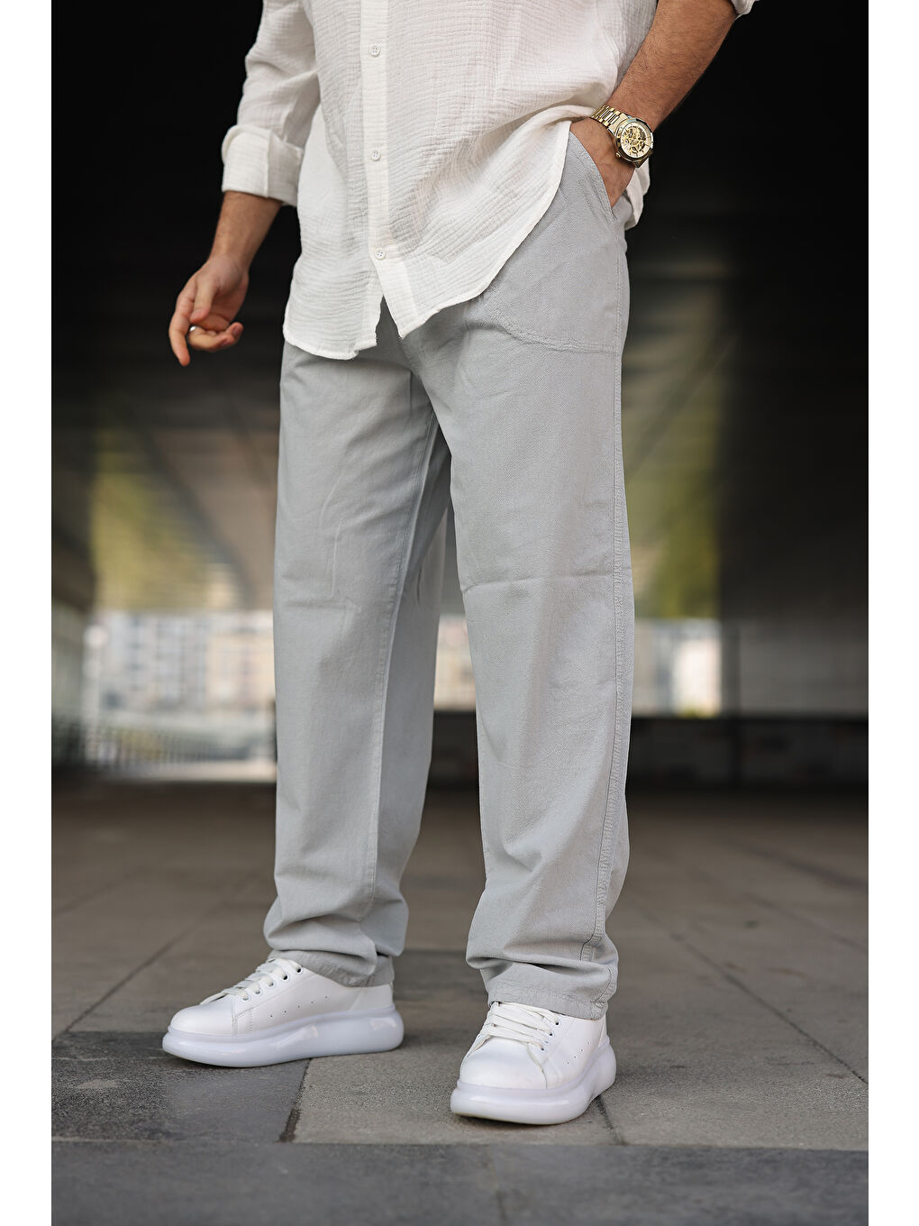 Erkek Trend Basic Bol Paça Gri Baggy Keten Pantolon-2