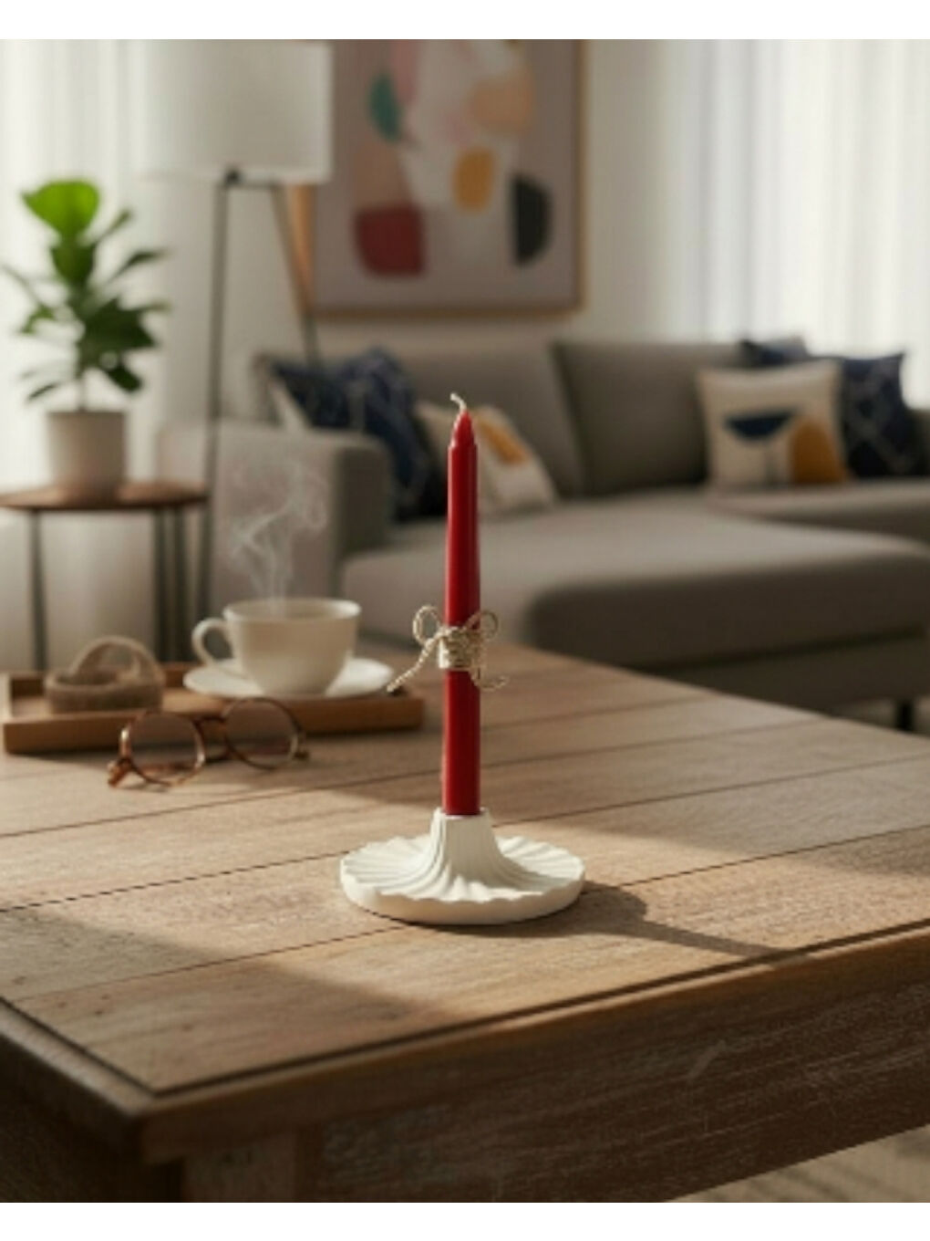 Dekoratif Pileli Beyaz Şamdanlık ve Kırmızı Mum | İskandinav Tarzı | Taş Tozu El Yapımı Mumluk-3