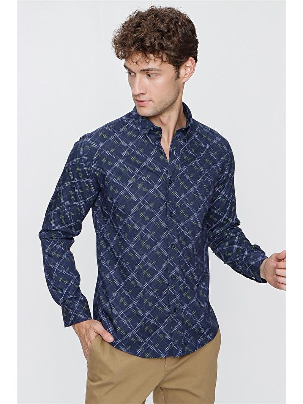 Lacivert Uzun Kol  Düğmeli Yaka  Slim Fit Dar Kesim Klasik Gömlek 1004220289-5