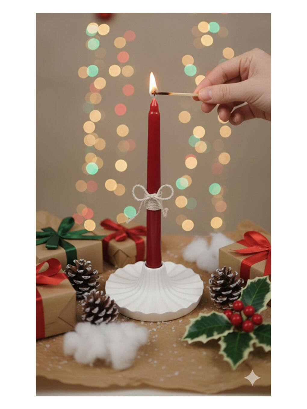 Dekoratif Pileli Beyaz Şamdanlık ve Kırmızı Mum | İskandinav Tarzı | Taş Tozu El Yapımı Mumluk-4