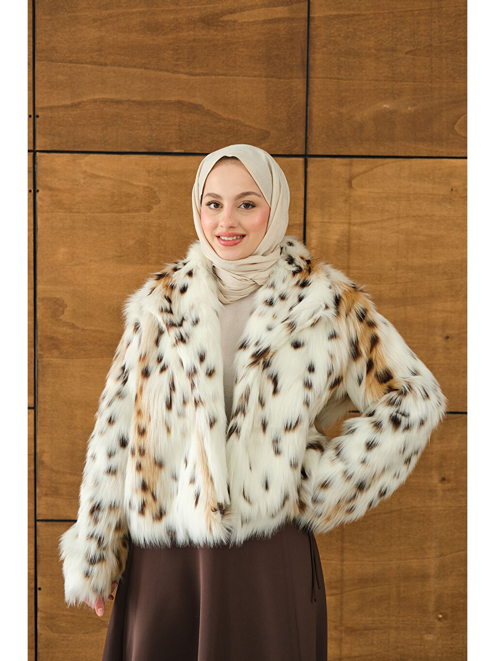 Kadın Leopar Desen Kısa Kürk Ekru-4