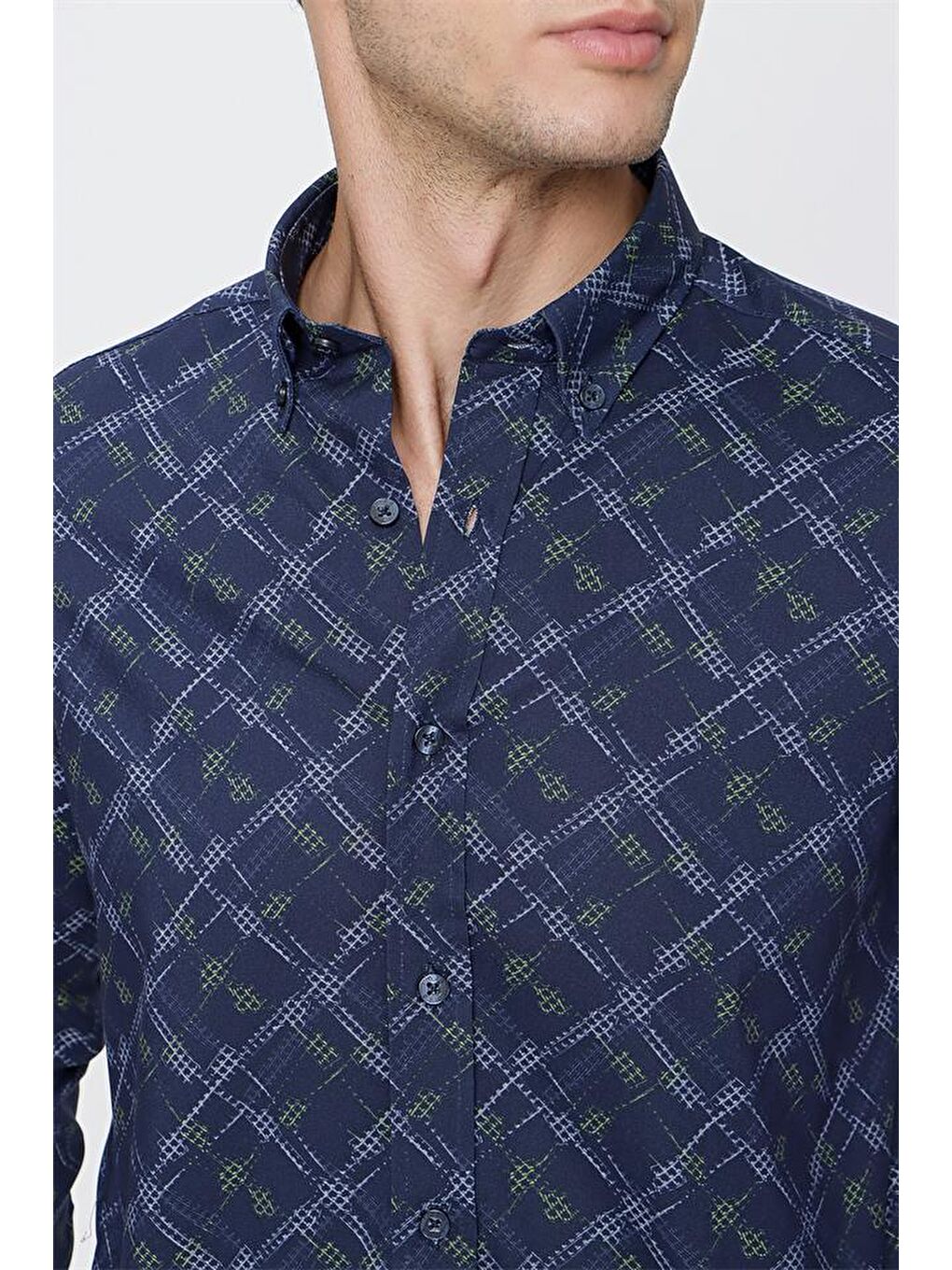 Lacivert Uzun Kol  Düğmeli Yaka  Slim Fit Dar Kesim Klasik Gömlek 1004220289-6