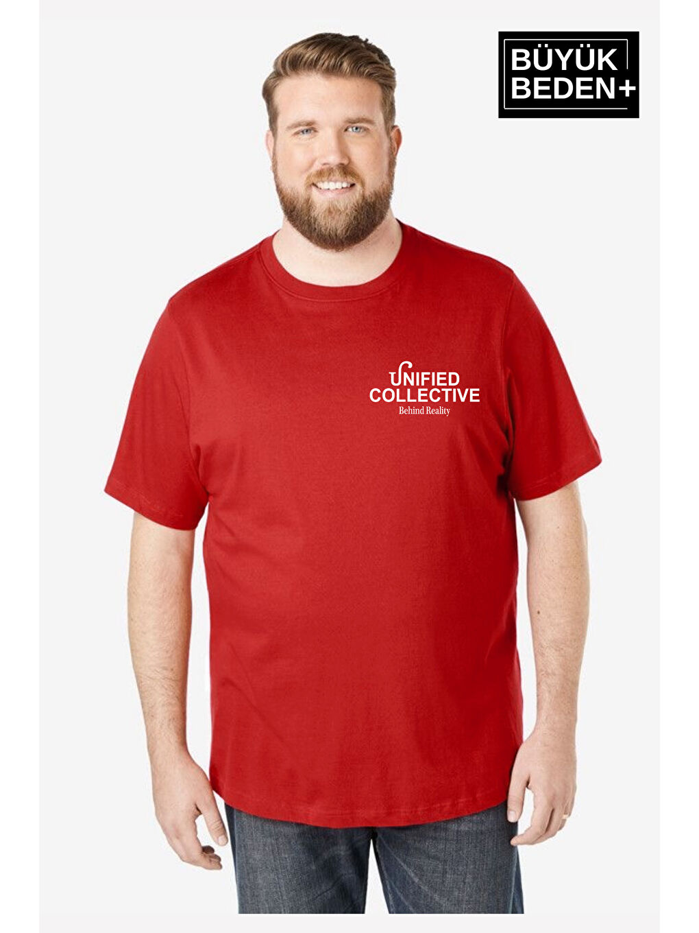 Kırmızı Erkek Büyük Beden Unified Collective Baskılı Bisiklet Yaka Tişört SPR25BTS905