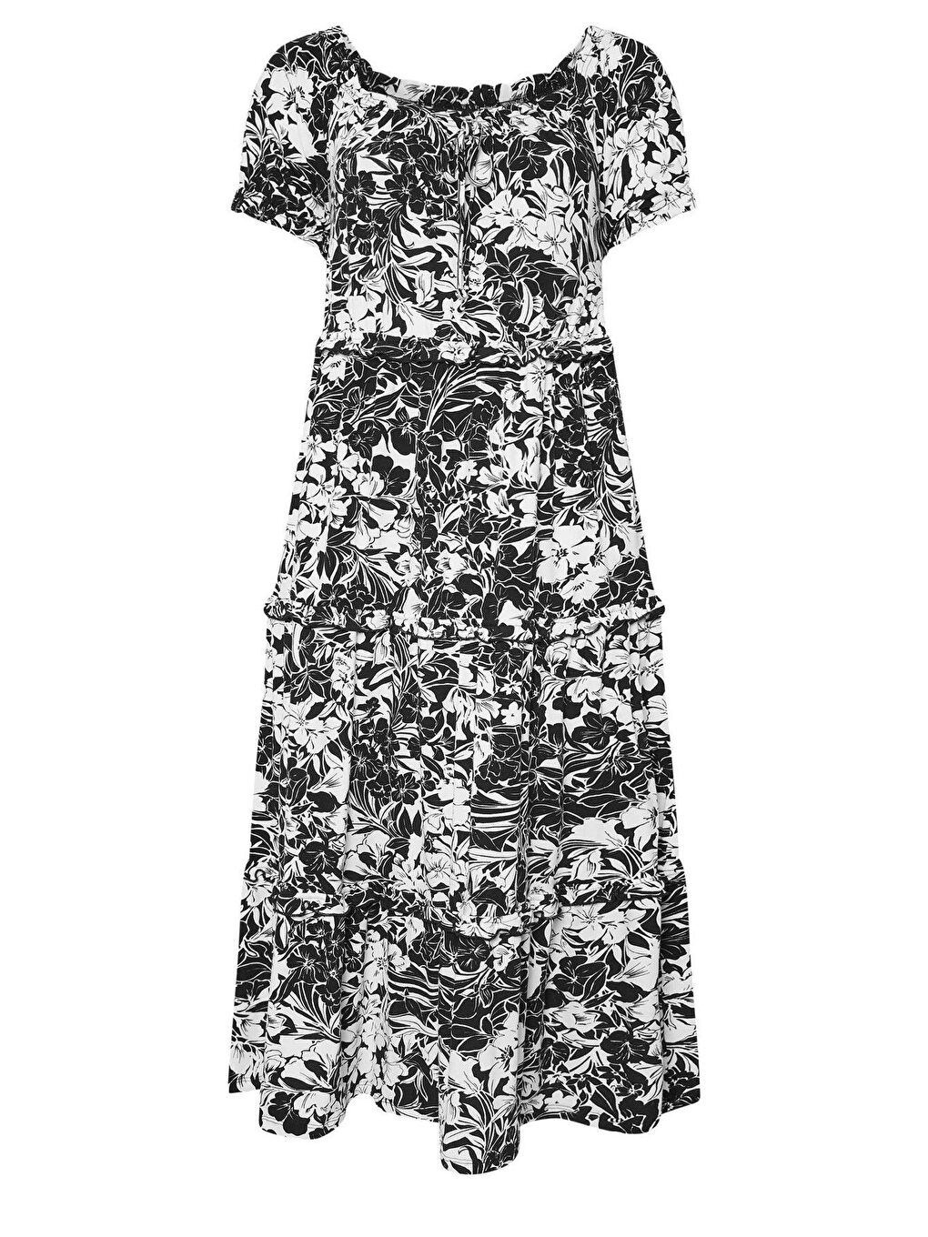 Siyah Büyük Beden Yakası Büzgülü Beli Lastikli Uzun Elbise 270238-5