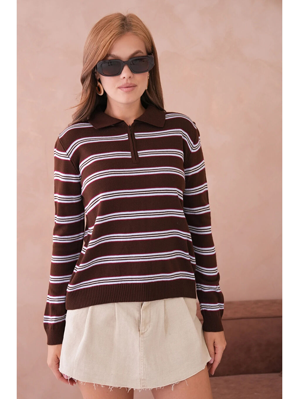 Kahverengi Kadın Polo Yaka Çizgi Detay Oversize Triko Kazak-4