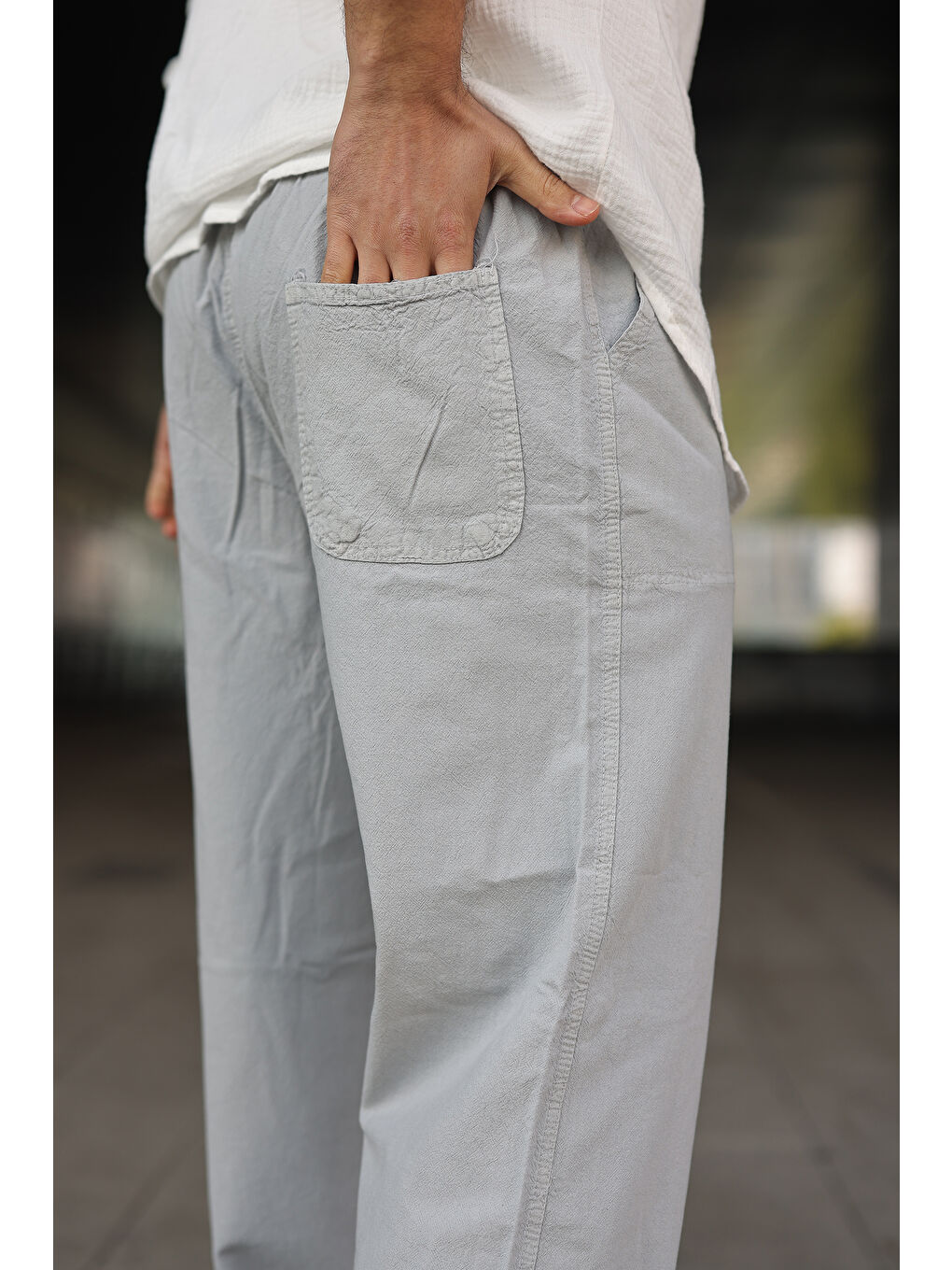Erkek Trend Basic Bol Paça Gri Baggy Keten Pantolon-3