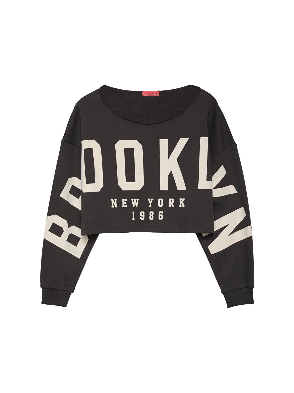 QUZU Koyu Gri Kesik Detaylı Baskılı Crop Sweatshirt Koyu Gri