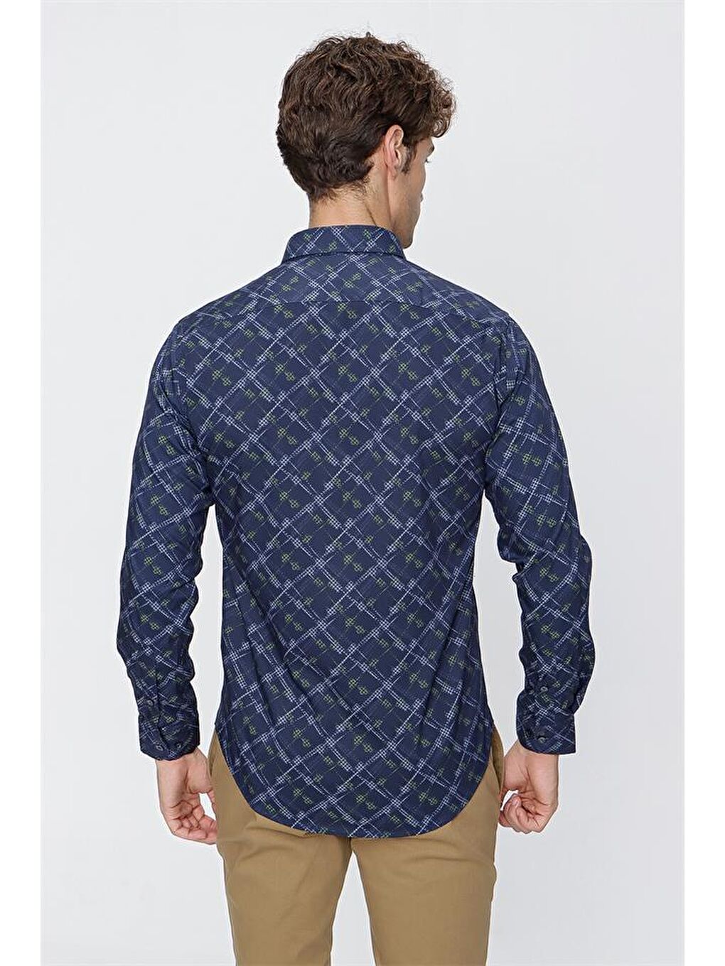 Lacivert Uzun Kol  Düğmeli Yaka  Slim Fit Dar Kesim Klasik Gömlek 1004220289-7